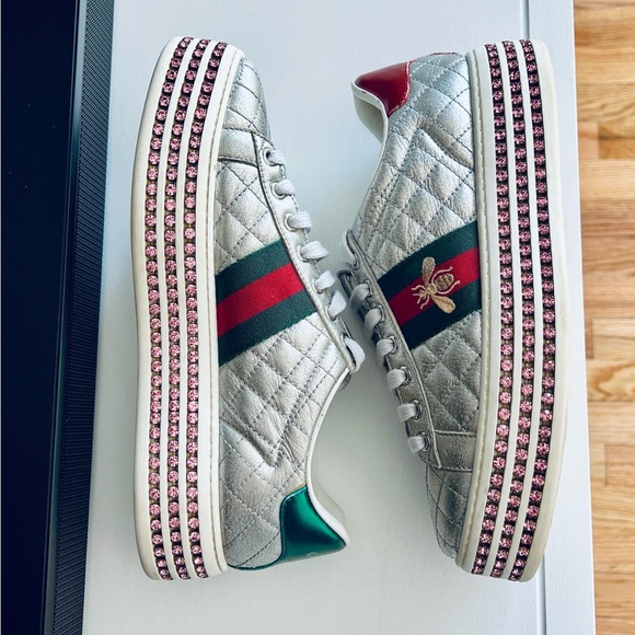 Gucci Silver Quilted Leather Bee Web Ace Crystal Embellished Platform Sneakers - Picture 4 of 16